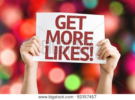Get More Likes card with colorful background with defocused lights