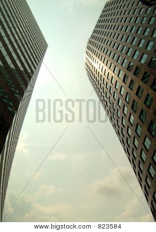 Fisheye view of corporate buildings