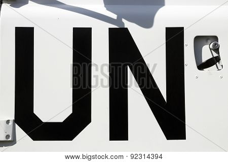 UN sign on a United Nations peacekeeping truck