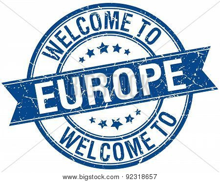 Welcome To Europe Blue Round Ribbon Stamp