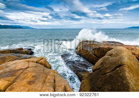 Sea view on small settlement from island of big rocks