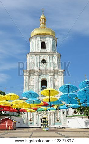 The Oldest Square In Front Of The Saint Sophia Cathedral Is Decorated With Various Umbrellas For Cel