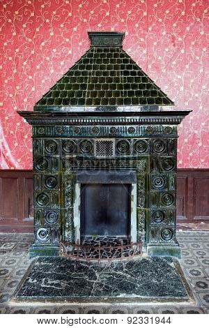 Old fireplace. Inside the Hunting castle of Count Schonborn