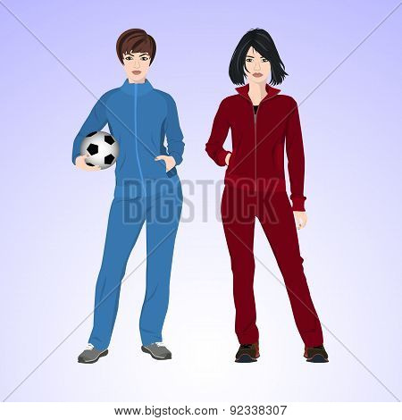 Two sports woman with a soccer ball.
