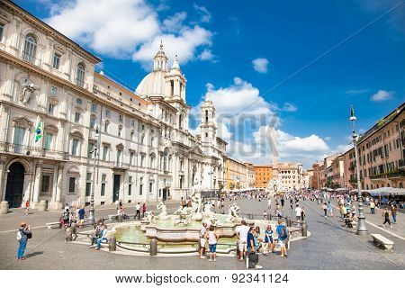 ROME, ITALY - SEP 20, 2014: Fontana del Moro (Moor Fountain) at the Piazza Navona. Piazza Navona is one of the main tourist attractions of Rome. Italy.