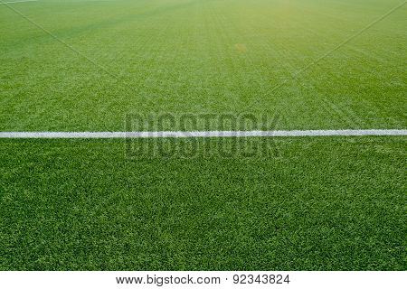 Straight White Chalk Line Marking On Grass Background.