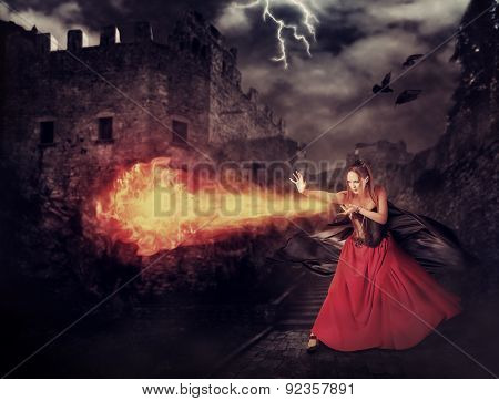 Witch In Medieval Castle Cast Magic - Fireball