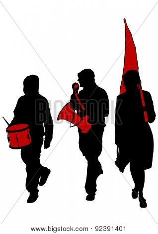 People of anarchia with large flags on white background