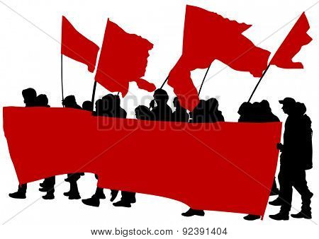 People of anarchia with large flags on white background