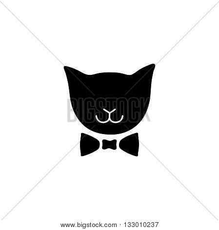Cat with bow. Vector logo. Black silhouette domestic cute kitten