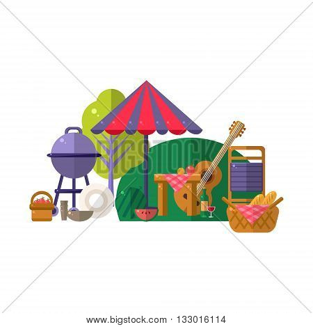 Barbeque In Park Items Collection. Picnic Outdoors Flat Vector Illustration. Weekend Picnic In Nature Bright Color Set Of Objects.