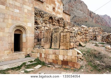Ancient monastery Noravank in the mountains in Amaghu valley, Armenia. Was founded in 1205. 