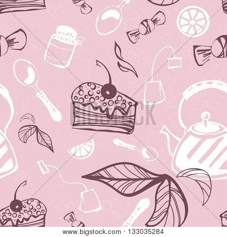 Delicate seamless pattern with sweets and tea. Vector.