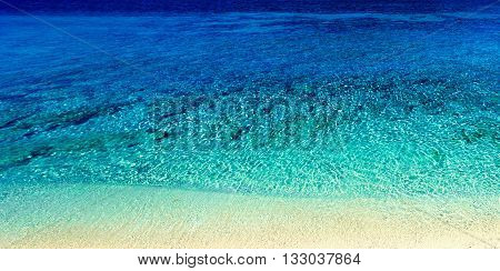 Beautiful Sunny Beach Coastline with Panorama Tranquility Bay. Beach vacation background