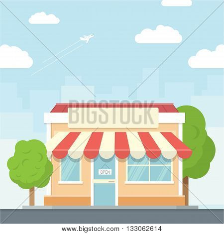 Small shop urban landscape in flat design style, vector illustration. Includes small business, buildings, trees, street shop, supermarket.