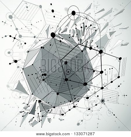 3d vector abstract grayscale background created in Bauhaus retro style. Dimensional geometric composition with low poly shattered object and hexagons can be used as templates and layouts.