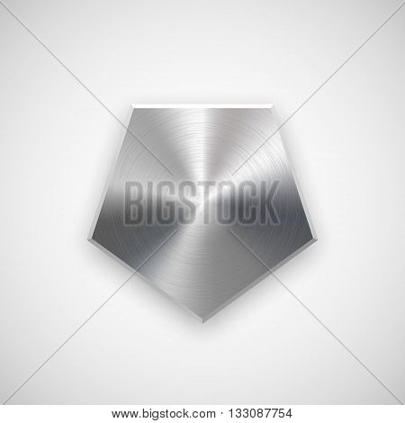 Abstract polygon, hex badge, blank button template with metal texture, chrome, silver, steel and realistic shadow for logo, design concepts, prints, web, interfaces, UI. Vector illustration.