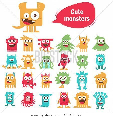 Cute monsters set. Cartoon illustration, flat style. Vector illustration on white background.
