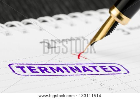 Macro shot of terminated stamp and fountain pen on a scheduler.