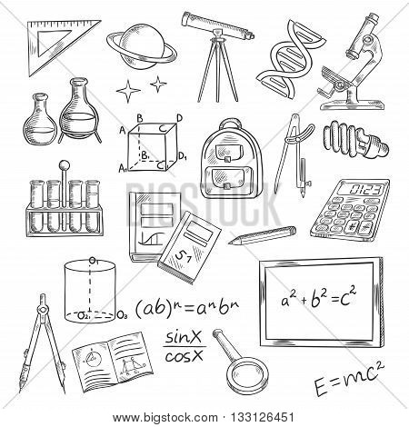 Education and knowledge themed sketch symbols of blackboard with formulas, books and notebooks, pen and ruler, calculator, microscope and telescope, laboratory tubes and flasks, DNA and planet with stars, backpack and light bulb, magnifier and compasses