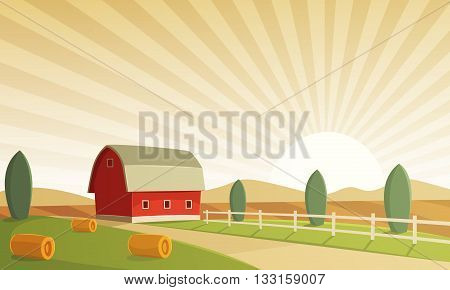 Red farm barn at sunset, countryside landscape, cartoon vector illustration.