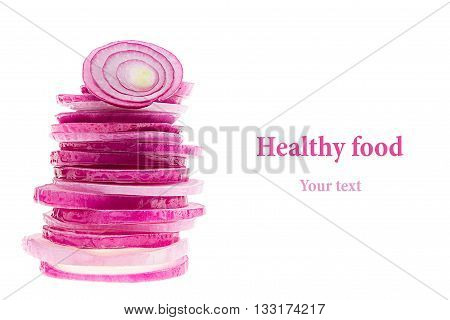 Pyramid from slices of pink onion. Object with copy space. Concept art. Food background. Isolated. Art idea.