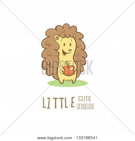 Card with cute cartoon hedgehog and apple. Little funny animal. Children's illustration. Vector image.