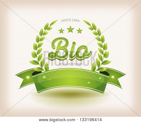 Illustration of a bio and ecological label with green banner for healthy food products with certified mentions and vintage background