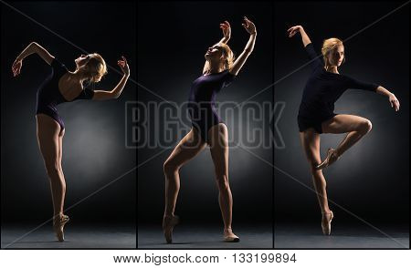 The young beautiful ballerina dancing on black background. Collage
