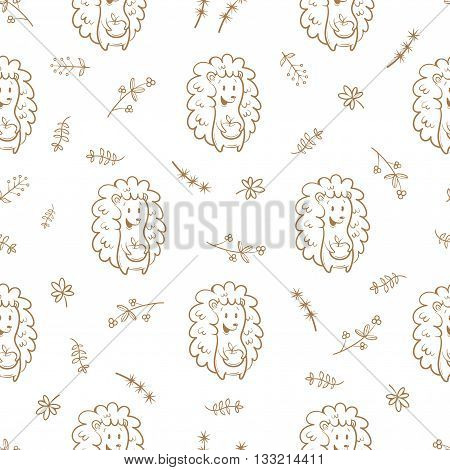 Seamless pattern with cute cartoon hedgehog,  plants and flowers on white  background. Funny forest animals. Vector image. Children's illustration.