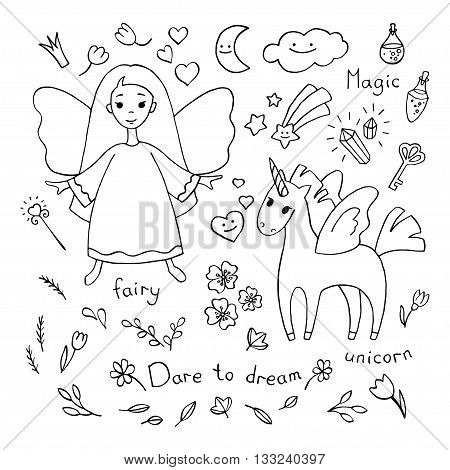 Magic theme doodle set. Various fairytale characters and stuff. Vector sketches isolated over white background.