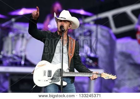 NEW YORK-JUN 27: Country musician Justin Moore performs onstage at the 2015 FarmBorough Festival - Day 2 at Randall's Island on June 27, 2015 in New York City.