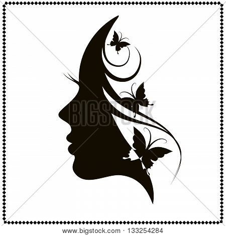 Profile of a girl with butterflies. Black and white vector illustration