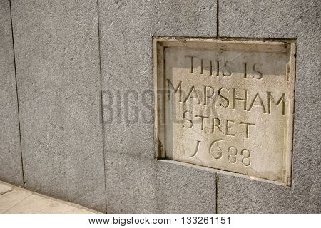 London United Kingdom - June 5th 2016: Sign for Marsham Stret City of Westminster London. This sign made in 1688 is located at 2 Marsham Street outside the Home Office.