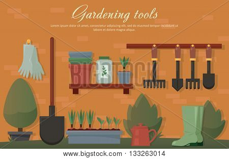 Vector flat illustration of garden agricultural accessories, tools, instruments. Equipment for soil work. Trowel, shovel, radish, bush, tree, spade and rubber gloves, pot with plants and seeds. EPS 10