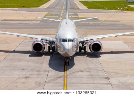BERLIN / GERMANY - JUNE 4 2016: Aeroflot - Russian Airlines Boeing 737-8LJ (WL) plane drives to the terminal on airport schoenefeld berlin / germany at june 4 2016