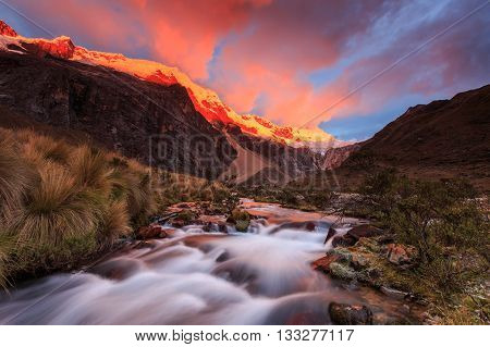 Mountain landscape in the Andes, Peru, Cordiliera Blanca, with Alpamayo peak in the background