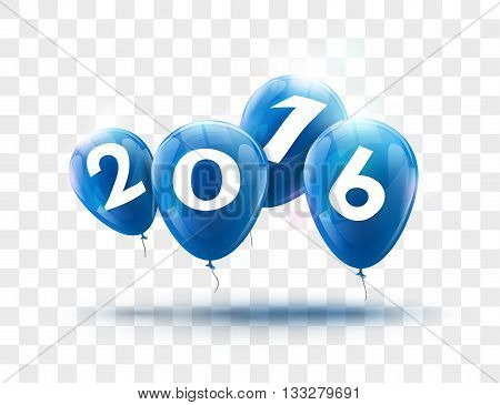 Sample Greeting Card 2016 Christmas card with realistic Blue Balloons and numbers on transparent background. Image Printer, stocks, greetings, e-mail, Web. Vector illustration.