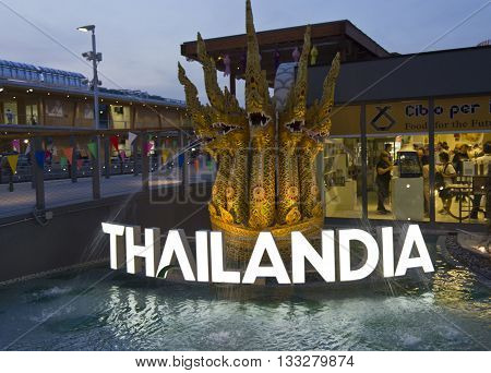 MILAN, ITALY - JUNE 29 2015: Thailand Pavilion at Night at Expo Exposition Universal on the theme on food in Milan.