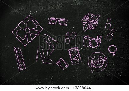 Mixed Glamour Objects On Desk, Flat Illustration