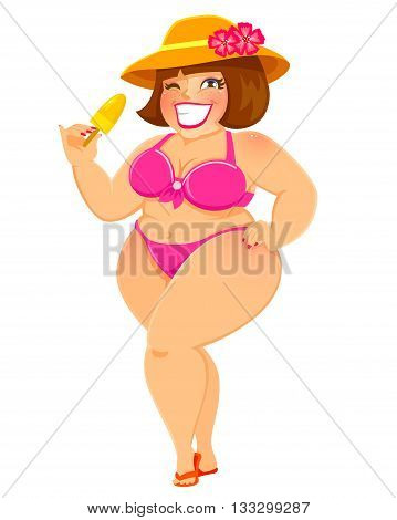 cute curvy girl in a bikini holding a popsicle