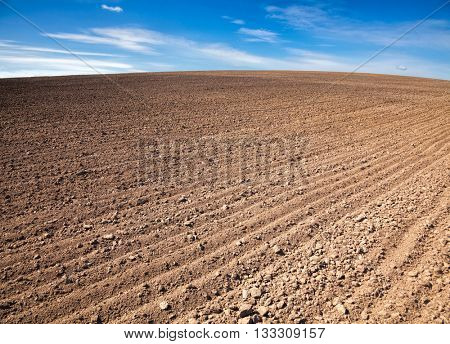 Agricultural background with plowed field and blue sky