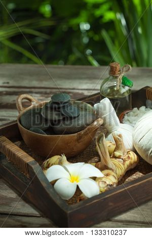 close up view of spa theme objects on color back