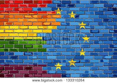 Brick Wall European Union and Gay flags - Illustration,
Rainbow flag  & EU flag, 
Abstract grunge European Union flag and LGBT flag