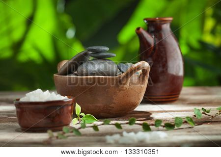 close up view of spa theme objects on color back
