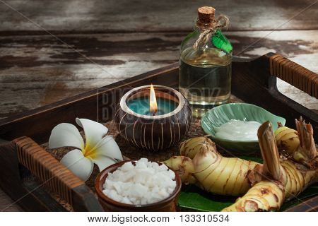 close up view of spa theme objects on color back