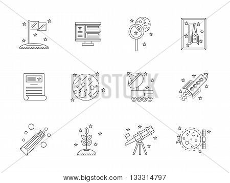 Space exploration concept. Expedition to Mars and Moon for discovery and research. Outer space equipment. Set of flat line style vector icons.