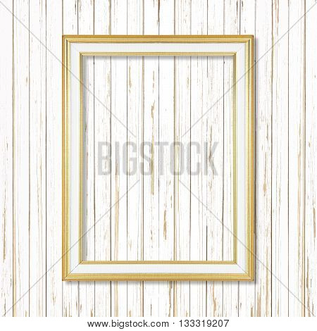 Antique gold frame on white wooden wall ;. Empty picture frame on white wooden wall.