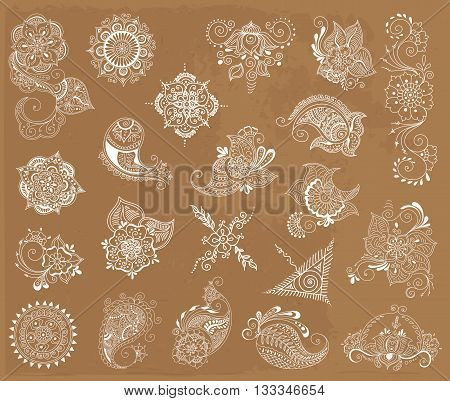 Vector abstract patterns of tattoo henna. Zentangle paisley and flower. Stock mehndi set for design.