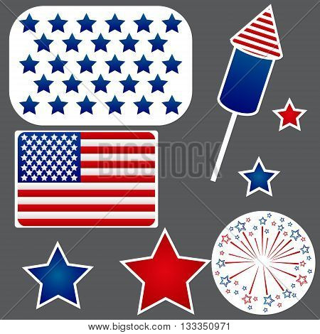 Set of stickers for Independence Day of the USA. Flag, stars and fireworks.